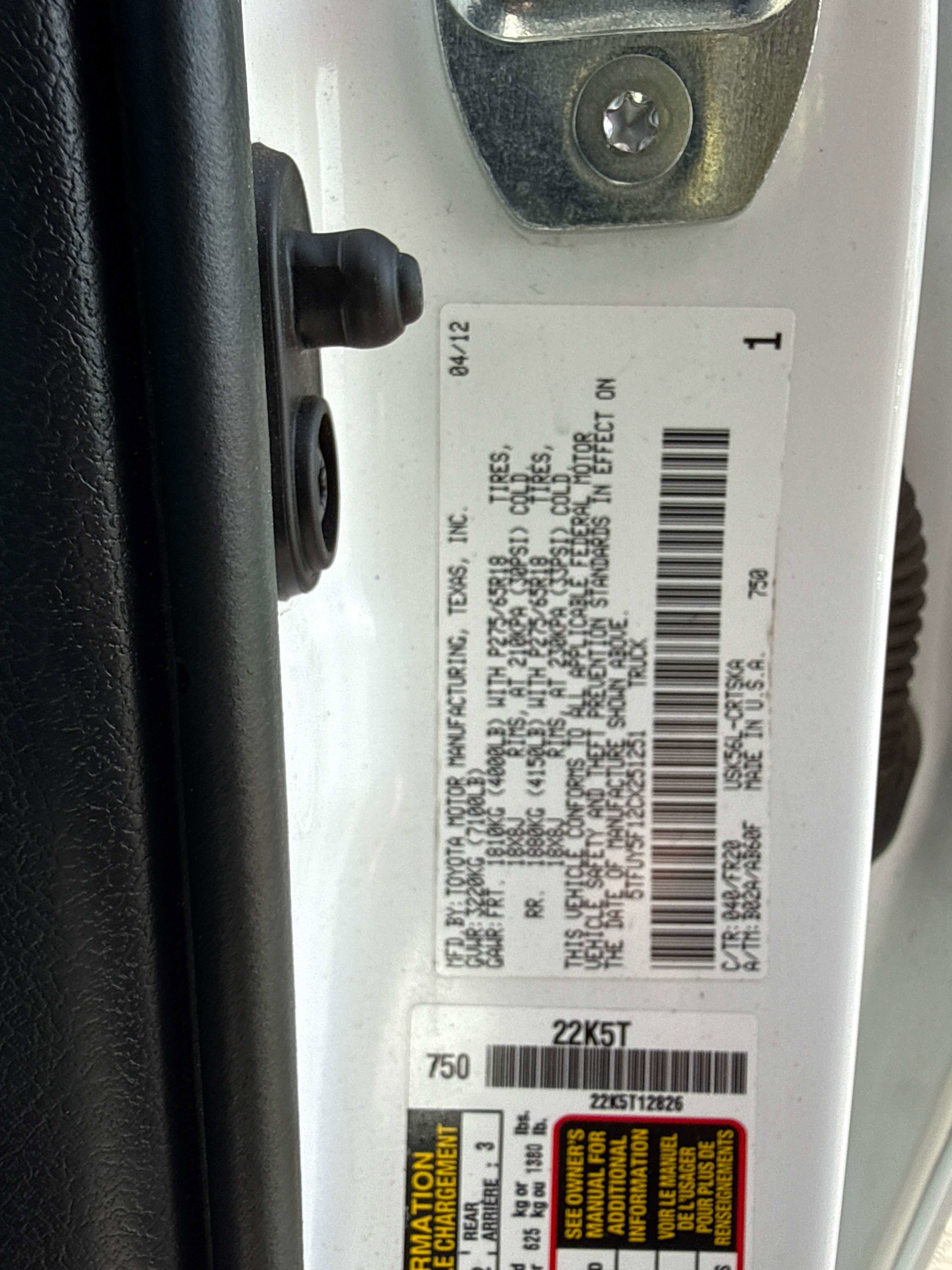 2012 Toyota TUNDRA 4X4 Double Cab 5.7L V8 6-Spd AT (Natl)